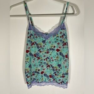 NATORI loungwear Marbella cami tank top & pants purple lace aqua blue szL floral